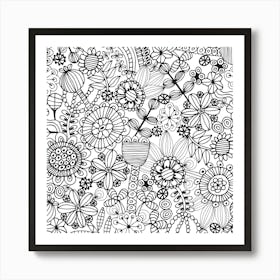 COLOURING BOOK FLOWERS Exotic Doodle Floral Botanical Line Drawing in Black and White Art Print