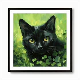 Black Cat In Green Grass Art Print