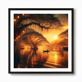 Sunset in the Forest: Tranquil Nature Landscape with Golden Glow Art Print