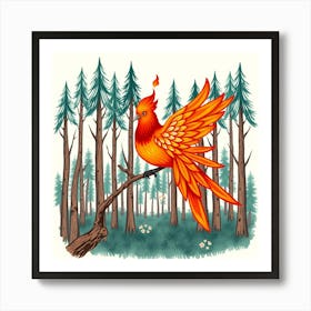 Flaming Bird In The Forest Art Print