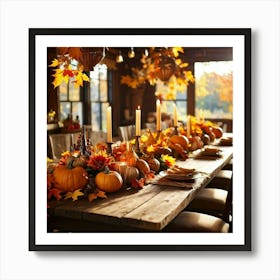 Autumn Table Decor Sprawling Across A Rustic Wooden Table Scattered Bright Orange Pumpkins Accompan (3) Art Print