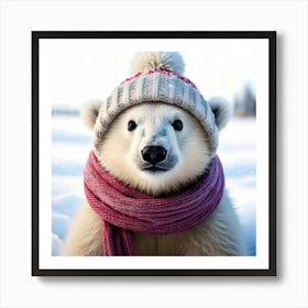 Firefly Playful, Endearing, Polar, Bear, Cub, Fluffy, White, Fur, Snowy, Backdrop, Knit, Cap, Scarf, (3) Art Print