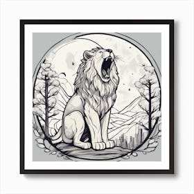Sticker Art Design, Lion Howling To A Full Moon, Kawaii Illustration, White Background, Flat Colors, (1) 1 Art Print