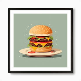 Hamburger Burger Tomatoes Vegetables Snack Dinner Lunch Patty Buns Sesame Cheese Food Cartoon Art Print