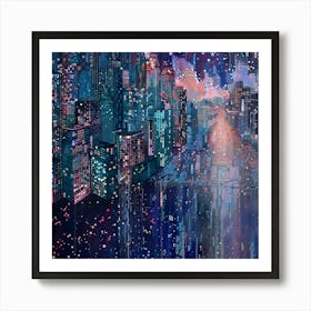 Cityscape At Night, Tiny Dots, Pointillism Art Print