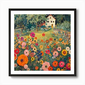 Flower Garden Landscape with House. Gustav Klimt Style Art Print