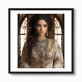 Woman, dark hair, white outfit, intricate embroidery, jewelry, ornate backdrop, elegant appearance. . . beautiful woman with long, dark hair, wearing a white outfit with intricate embroidery and jewelry. She is standing in front of an ornate backdrop, showcasing her elegant appearance. Art Print
