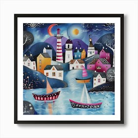 Boathouses At Night, Naïve Folk Art Print