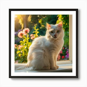 White Cat Sitting On Window Sill Art Print