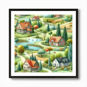 Houses, Lakes And Trees - Village In Bright Summer Colors Poster