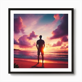 Silhouette Man On The Beach At Sunset Art Print