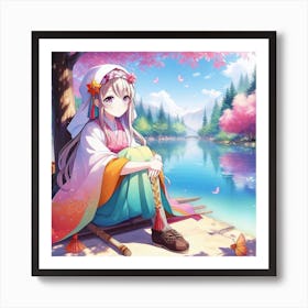 Anime Girl Sitting By The River Art Print