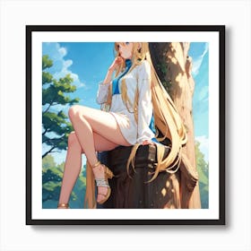 Anime Girl Sitting Underneath Tree Art Print