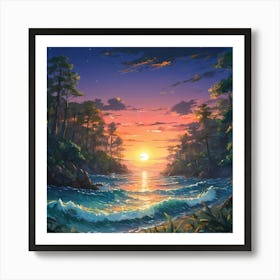 Tranquil Sunset Over a Serene Forest Beach With Glittering Waters 1 Art Print