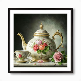 A very finely detailed Victorian style teapot with flowers, plants and roses in the center with a tea cup 1 Art Print