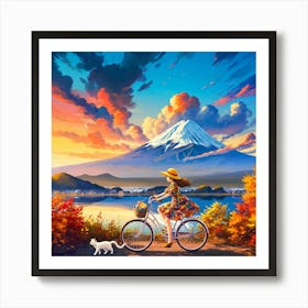 Girl Cycling By A Lake With A Mountain Backdrop Under A Vibrant Sunset Sky Art Print