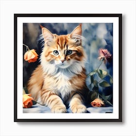 Cat With Roses Art Print