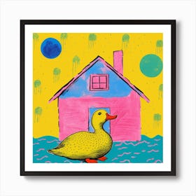 Duckling Outside A House Linocut Style 2 Art Print