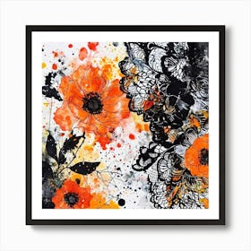 Lace And Flowers, Abstract Floral Painting, Design An Eclectic Collage With Overlapping Layers Of Lace Watercolor Splatters And Black Art Print