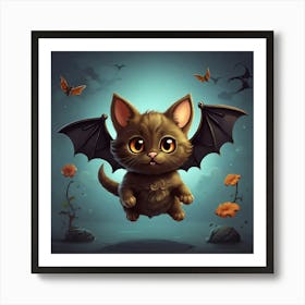 Cute Cat Bat Flying Cartoon Il Art Print