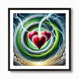 3 Dimensional Lightning With Multiple Green And White Swirls In A Vortex Of 3 Red Hearts Oil Painting 4 Art Print