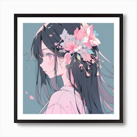 Anime Girl With Flowers Art Print