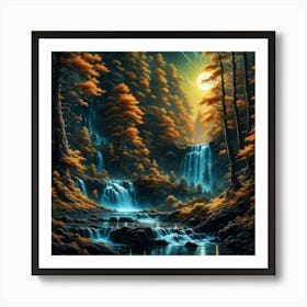 Nighttime Forest And Waterfall Art Print