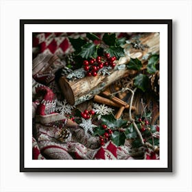 Christmas Background With Holly Art Print