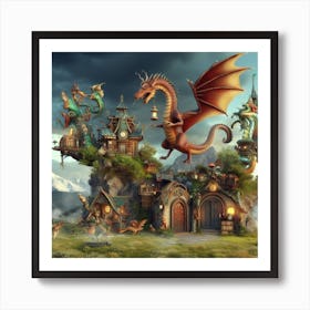 Fantasy Castle With Dragons Art Print
