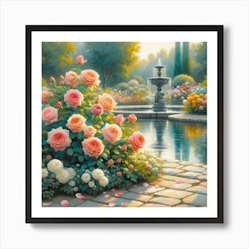 Roses In The Garden With The Fountain, Acrylic Style Painting 1 Art Print