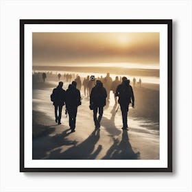 People Walking On The Beach At Sunset 1 Art Print