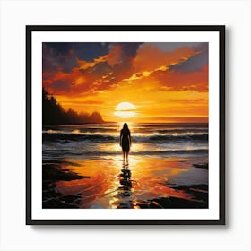 A Solitary Figure Stands At The Waters Edge Silhouetted Against The Vibrant Backdrop Of A Sunset Art Print