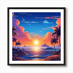 Sunset At The Beach, wall art of sunset, palm trees, orange sky, light rese of sun 1 Art Print