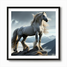 white Horse With Long Flowing Mane Poised On Rocky Outcropping Mountain Range Looming In The Back Art Print