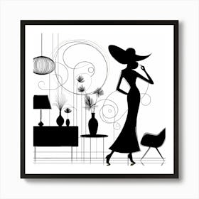 Elegant Lady wearing a Hat In Living Room - Line Drawing 3 Art Print