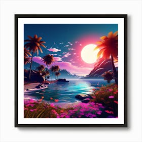 Tropical Landscape With Palm Trees, blue sky, wall art, trees, flowers, and sun. good look, 1 Art Print