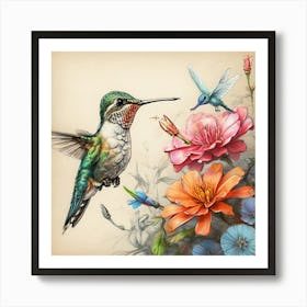 Hummingbird And Flowers Art Print