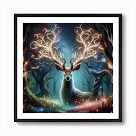 An Elegant, Luminous Stag With Its Antlers Morphing Into Tree Branches, Set Against The Backdrop Of A Mystical Forest Art Print