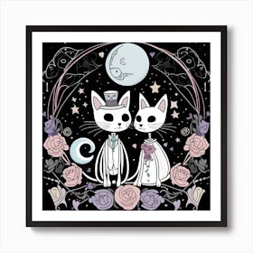 Wedding Cats whimsical minimalistic line art Art Print