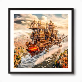 Steampunk airship cruising the river. Art Print