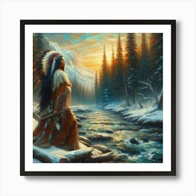 Oil Texture Native American Woman By Stream 8 Art Print