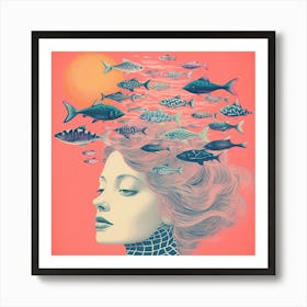 Surreal Abstract Woman & Fish Portrait Art Print