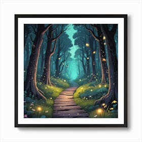 Anime Style Forest At Night With Fireflies (1) Art Print