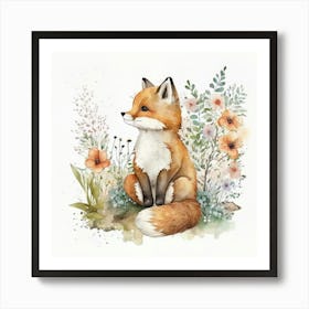 Watercolor Forest Cute Baby Fox Art Print