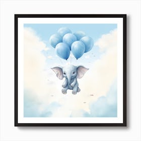 Baby Elephant With Blue Balloons Art Print