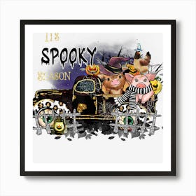 Halloween Farm Animal Skeletons Pumpkin Pigs Funny Graphic Art Print