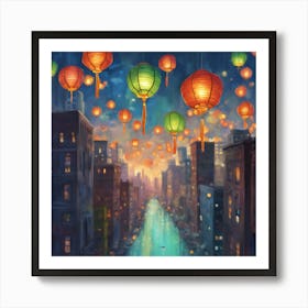 A lantern floating above a cityscape Art Print