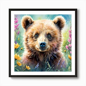 Brown Bear In The Wildflowers Artwork For Kid Art Print