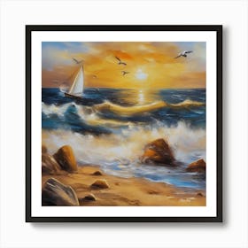 Oil painting design on canvas. Sandy beach rocks. Waves. Sailboat. Seagulls. The sun before sunset.16 Art Print