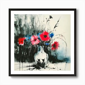 Flowers In A Vase Stephen Gammell style, dessin, aquarelle, aquarelles, noir et blanc et rouge , de marais, de sombres créatures, dégoulinant, pink and blue flowers in a vase placed on a table4 Art Print